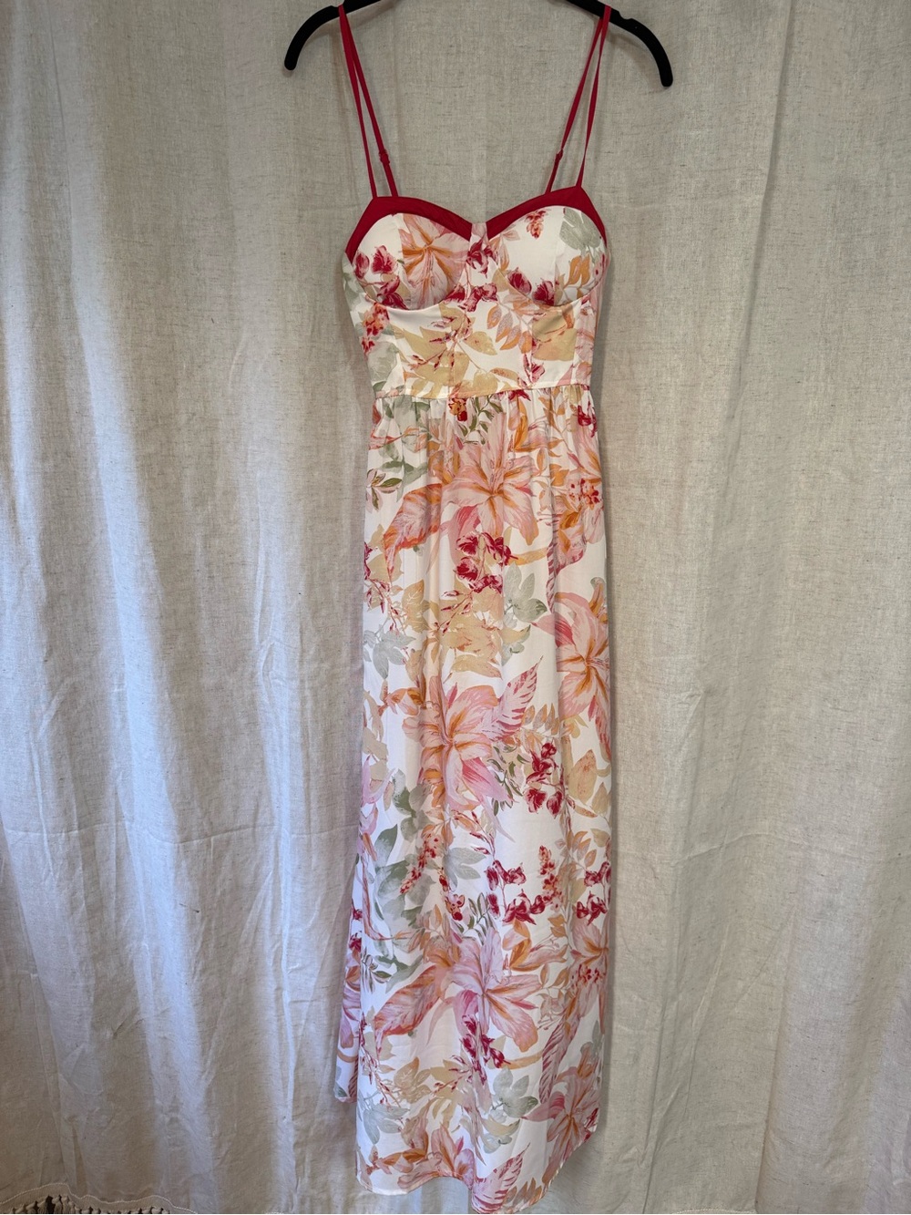 Floral Pink & Cream Maxi Dress with Red Trim